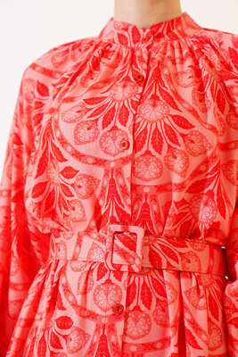 Desenli Boydan Düğmeli Kemerli Elbise Alizarin - Tesettür Elbise