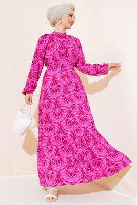 Desenli Boydan Düğmeli Kemerli Elbise Mor 