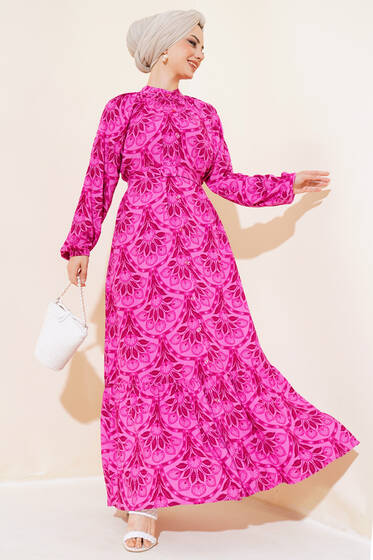 Desenli Boydan Düğmeli Kemerli Elbise Mor - Tesettür Elbise