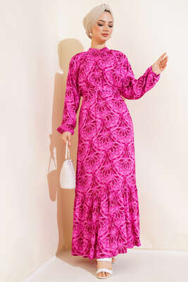 Desenli Boydan Düğmeli Kemerli Elbise Mor - Tesettür Elbise