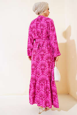 Desenli Boydan Düğmeli Kemerli Elbise Mor - Tesettür Elbise