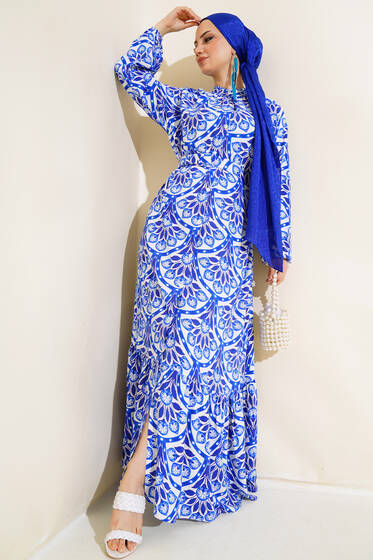 Desenli Boydan Düğmeli Kemerli Elbise Saks - Elbise