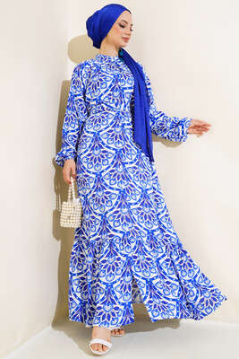 Desenli Boydan Düğmeli Kemerli Elbise Saks - Tesettür Elbise