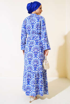 Desenli Boydan Düğmeli Kemerli Elbise Saks - Tesettür Elbise