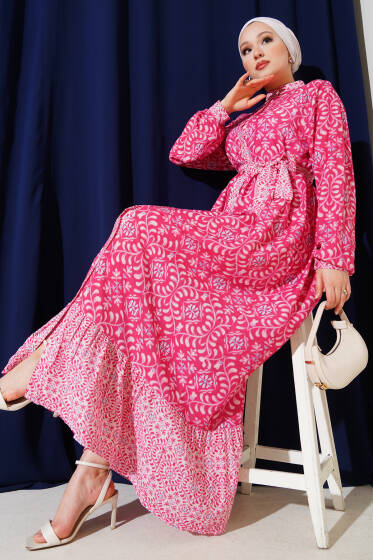 Desenli Boydan Düğmeli Volanlı Elbise Fuşya - Elbise
