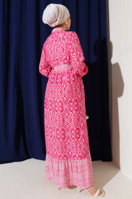 Desenli Boydan Düğmeli Volanlı Elbise Fuşya - Tesettür Elbise