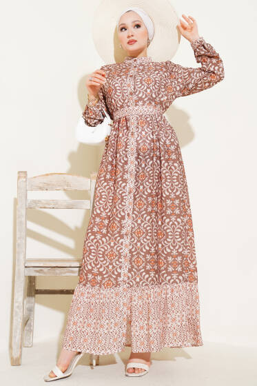 Desenli Boydan Düğmeli Volanlı Elbise Kahve - Elbise