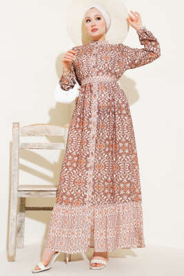 Desenli Boydan Düğmeli Volanlı Elbise Kahve 