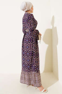 Desenli Boydan Düğmeli Volanlı Elbise Mor - Tesettür Elbise