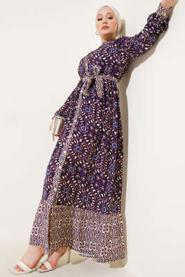 Desenli Boydan Düğmeli Volanlı Elbise Mor - Tesettür Elbise