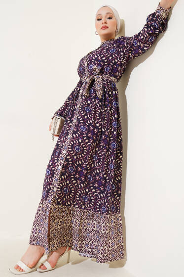 Desenli Boydan Düğmeli Volanlı Elbise Mor - Tesettür Elbise