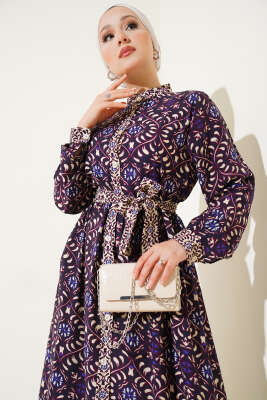 Desenli Boydan Düğmeli Volanlı Elbise Mor - Tesettür Elbise