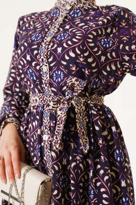 Desenli Boydan Düğmeli Volanlı Elbise Mor - Tesettür Elbise