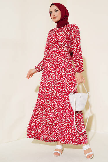 Desenli Bürümcük Elbise Bordo - Elbise