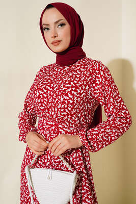 Desenli Bürümcük Elbise Bordo - Tesettür Elbise