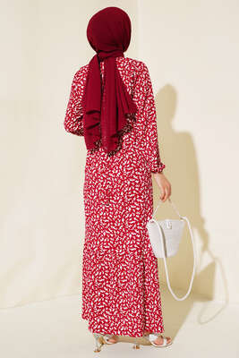 Desenli Bürümcük Elbise Bordo - Tesettür Elbise