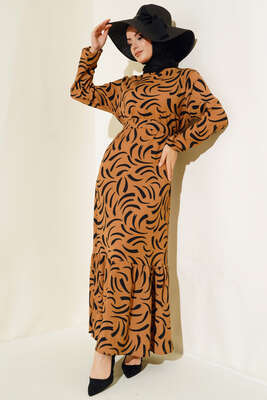 Desenli Bürümcük Elbise Camel 