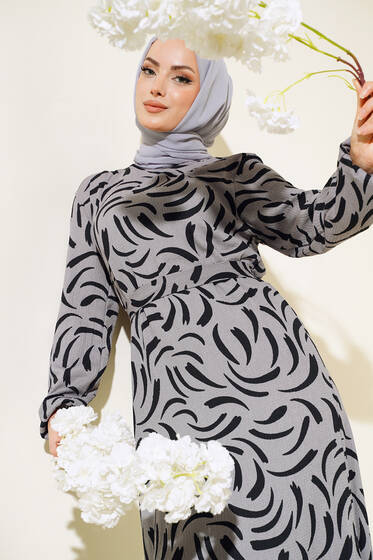 Desenli Bürümcük Elbise Gri - Tesettür Elbise
