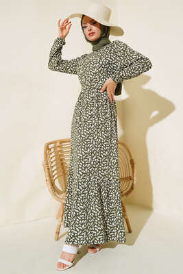Desenli Bürümcük Elbise Haki 