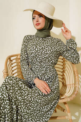 Desenli Bürümcük Elbise Haki - Tesettür Elbise