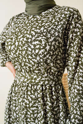 Desenli Bürümcük Elbise Haki - Tesettür Elbise