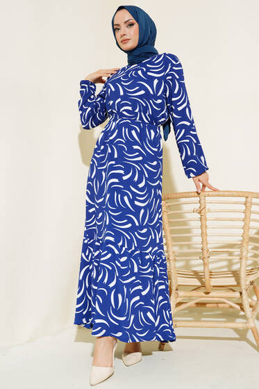 Desenli Bürümcük Elbise İndigo - Tesettür Elbise