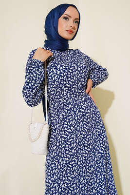 Desenli Bürümcük Elbise Lacivert - Tesettür Elbise