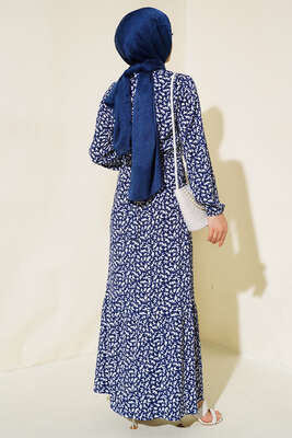 Desenli Bürümcük Elbise Lacivert - Tesettür Elbise