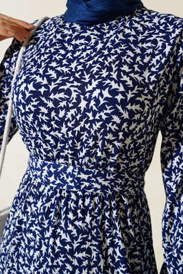 Desenli Bürümcük Elbise Lacivert - Tesettür Elbise