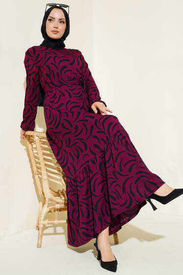 Desenli Bürümcük Elbise Mor - Tesettür Elbise