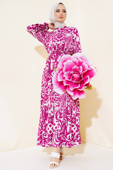 Desenli Bürümcük Elbise Mürdüm - Elbise