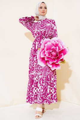 Desenli Bürümcük Elbise Mürdüm - NESSİA