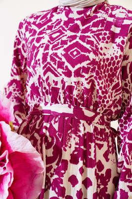 Desenli Bürümcük Elbise Mürdüm - Tesettür Elbise