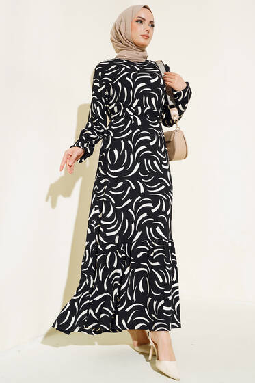 Desenli Bürümcük Elbise Siyah - Tesettür Elbise