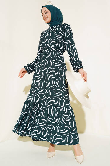 Desenli Bürümcük Elbise Zümrüt - Tesettür Elbise