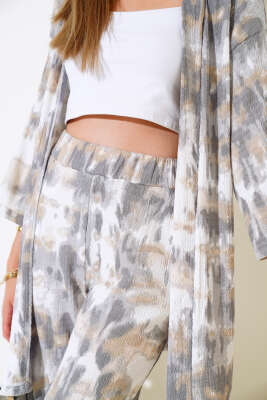 Desenli Bürümcük Kimono Takım Gri - Kadın Giyim Modelleri