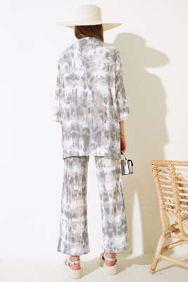 Desenli Bürümcük Kimono Takım Gri - Kadın Giyim Modelleri