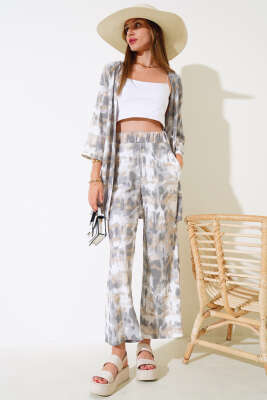 Desenli Bürümcük Kimono Takım Gri 