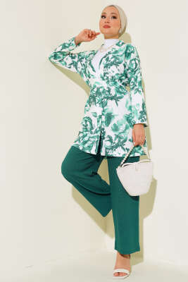 Desenli Bürümcük Kimono Takım Yeşil 
