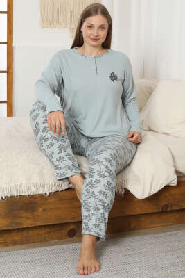 Desenli Büyük Beden Pijama Takımı Çağla Yeşili 