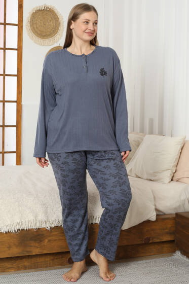 Desenli Büyük Beden Pijama Takımı Füme - Pijama