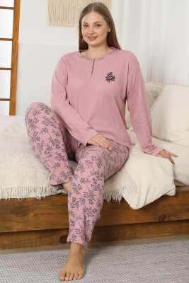 Desenli Büyük Beden Pijama Takımı Pudra 
