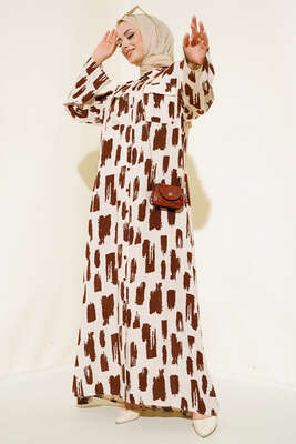 Desenli Cepli Elbise Bej Kahve - NEVA MODA