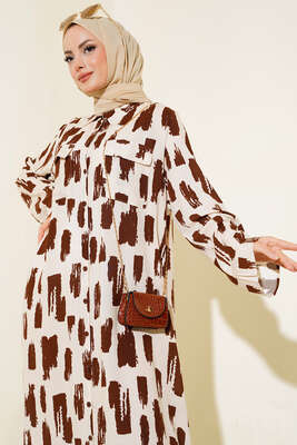 Desenli Cepli Elbise Bej Kahve - Tesettür Elbise