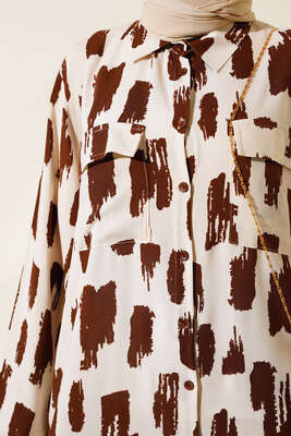 Desenli Cepli Elbise Bej Kahve - Tesettür Elbise