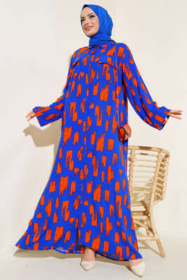 Desenli Cepli Elbise Saks Oranj 