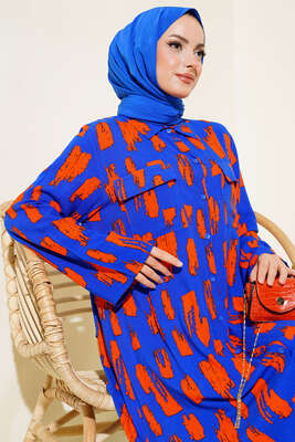 Desenli Cepli Elbise Saks Oranj - Tesettür Elbise