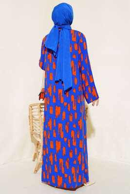 Desenli Cepli Elbise Saks Oranj - Tesettür Elbise