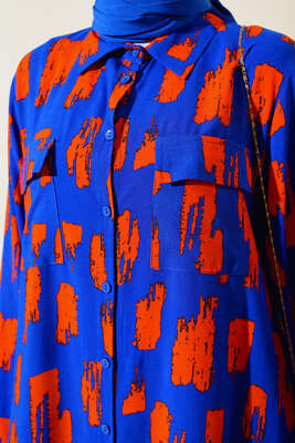 Desenli Cepli Elbise Saks Oranj - Tesettür Elbise