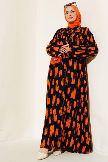 Desenli Cepli Elbise Siyah Oranj - Elbise
